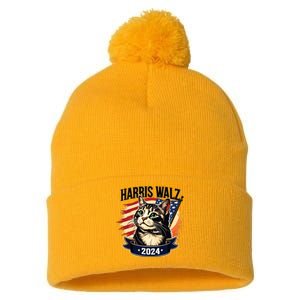 Harris Walz 2024 Funny Cat Kamala Harris Tim Walz Waltz Pom Pom 12in Knit Beanie