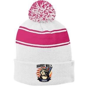 Harris Walz 2024 Funny Cat Kamala Harris Tim Walz Waltz Stripe Pom Pom Beanie