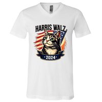 Harris Walz 2024 Funny Cat Kamala Harris Tim Walz Waltz V-Neck T-Shirt