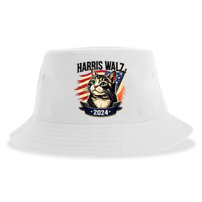 Harris Walz 2024 Funny Cat Kamala Harris Tim Walz Waltz Sustainable Bucket Hat