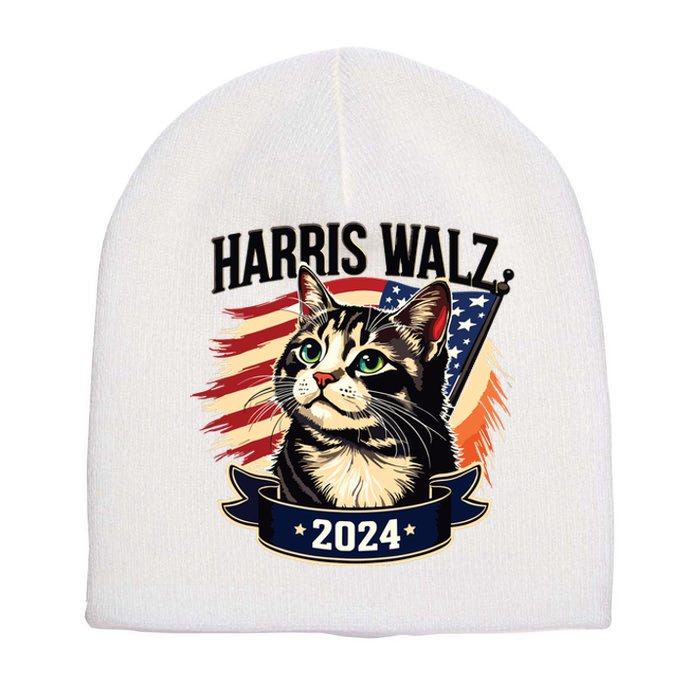 Harris Walz 2024 Funny Cat Kamala Harris Tim Walz Waltz Short Acrylic Beanie