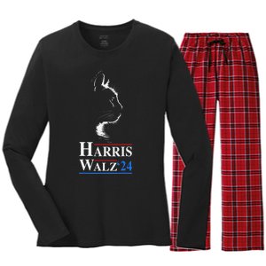 Harris Waltz 2024 Election Funny Cat Kamala Harris Tim Walz Women's Long Sleeve Flannel Pajama Set 