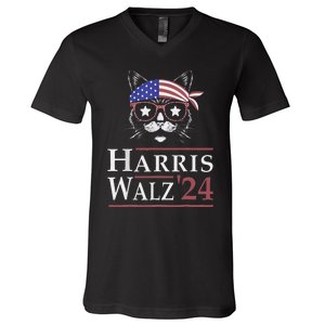 Harris Walz 2024 Funny Cat Election Kamala Harris Tim Waltz V-Neck T-Shirt