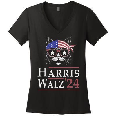 Harris Walz 2024 Funny Cat Election Kamala Harris Tim Waltz Women's V-Neck T-Shirt