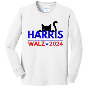 Harris Walz 2024 Funny Cat Election Kamala Harris Tim Waltz Kids Long Sleeve Shirt