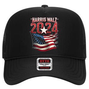 Harris Walz 2024 Patriotic American Flag High Crown Mesh Back Trucker Hat