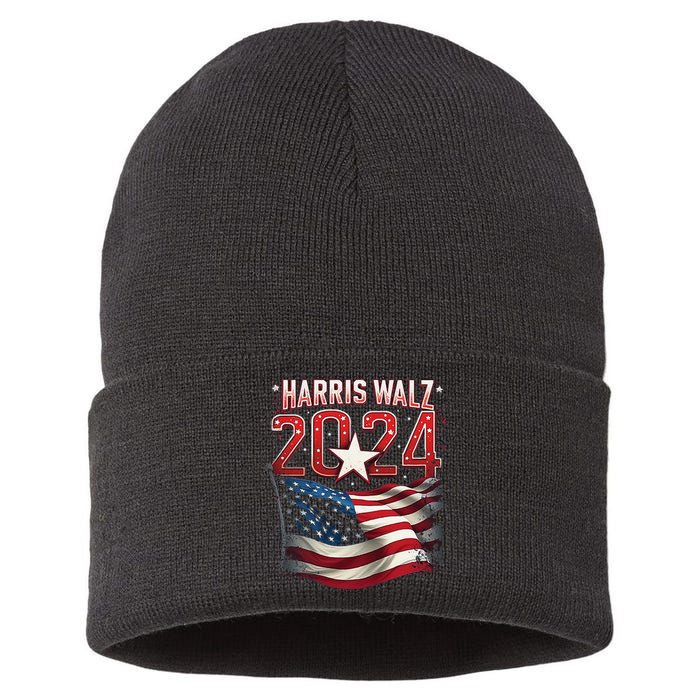 Harris Walz 2024 Patriotic American Flag Sustainable Knit Beanie