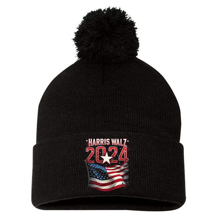 Harris Walz 2024 Patriotic American Flag Pom Pom 12in Knit Beanie