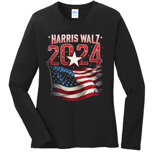 Harris Walz 2024 Patriotic American Flag Ladies Long Sleeve Shirt