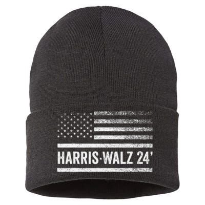 Harris Walz 2024 Election Kamala Tim Waltz American Flag Sustainable Knit Beanie