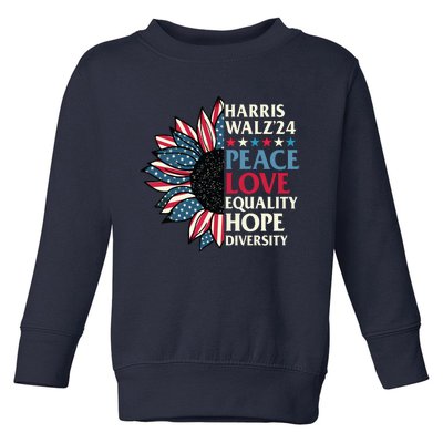 Harris Waltz 2024 Peace Love Equality Hope Us Flag Sunflower Toddler Sweatshirt