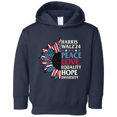 Harris Waltz 2024 Peace Love Equality Hope Us Flag Sunflower Toddler Hoodie