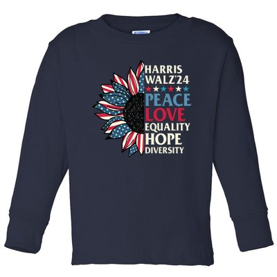 Harris Waltz 2024 Peace Love Equality Hope Us Flag Sunflower Toddler Long Sleeve Shirt