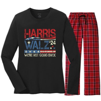 Harris Walz 2024 For President WeRe Not Going Back Usa Flag Gift Women's Long Sleeve Flannel Pajama Set 