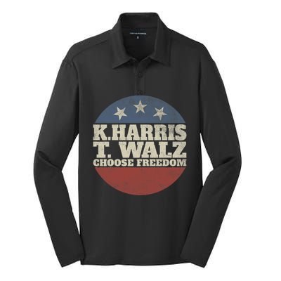 Harris Waltz 2024 Choose Freedom Election Retro Button Silk Touch Performance Long Sleeve Polo