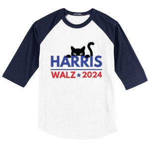 Harris Walz 2024 Funny Cat Election Kamala Harris Tim Waltz Baseball Sleeve Shirt