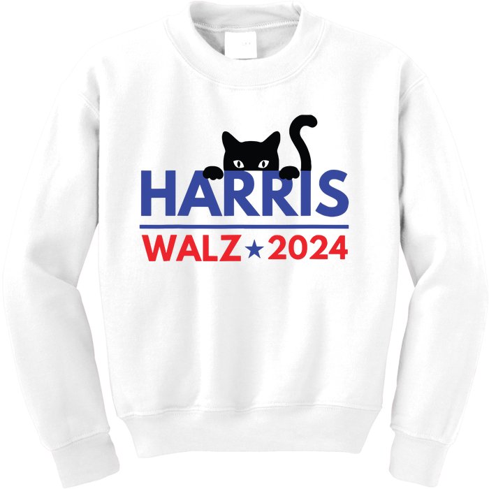 Harris Walz 2024 Funny Cat Election Kamala Harris Tim Waltz Kids Sweatshirt