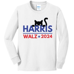 Harris Walz 2024 Funny Cat Election Kamala Harris Tim Waltz Kids Long Sleeve Shirt