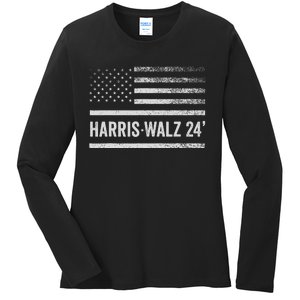 Harris Walz 2024 Election Kamala Tim Waltz American Flag Ladies Long Sleeve Shirt