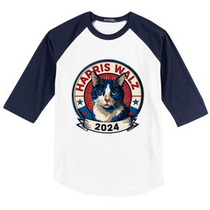 Harris Walz 2024 Funny Cat Election Kamala Harris Tim Waltz Baseball Sleeve Shirt