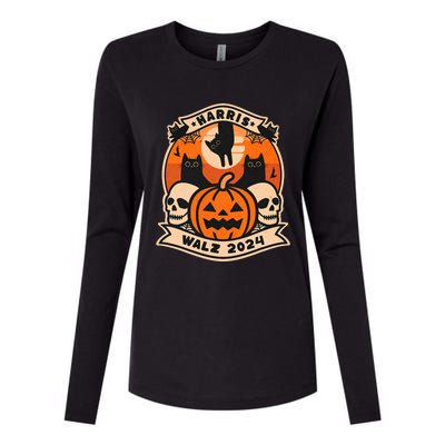 Harris Walz 2024 President Halloween Cat Pumpkin Womens Cotton Relaxed Long Sleeve T-Shirt