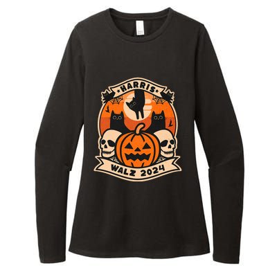 Harris Walz 2024 President Halloween Cat Pumpkin Womens CVC Long Sleeve Shirt