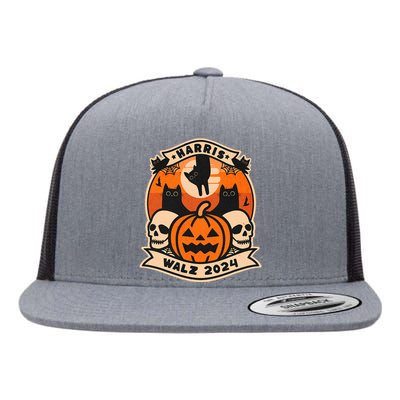 Harris Walz 2024 President Halloween Cat Pumpkin Flat Bill Trucker Hat