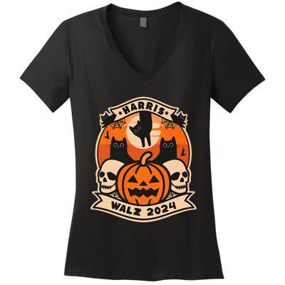 Harris Walz 2024 President Halloween Cat Pumpkin Women's V-Neck T-Shirt