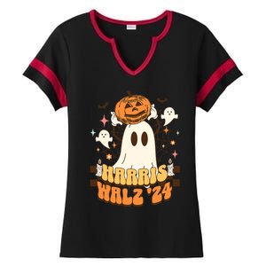 Harris Walz 2024 President Halloween Ghost Spooky Ladies Halftime Notch Neck Tee