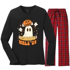 Harris Walz 2024 President Halloween Ghost Spooky Women's Long Sleeve Flannel Pajama Set 