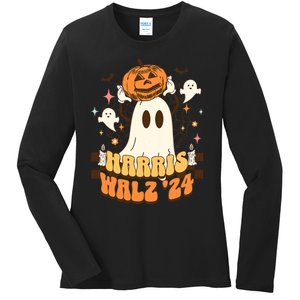 Harris Walz 2024 President Halloween Ghost Spooky Ladies Long Sleeve Shirt