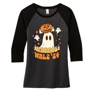 Harris Walz 2024 President Halloween Ghost Spooky Women's Tri-Blend 3/4-Sleeve Raglan Shirt