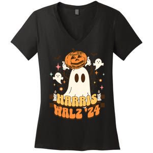 Harris Walz 2024 President Halloween Ghost Spooky Women's V-Neck T-Shirt