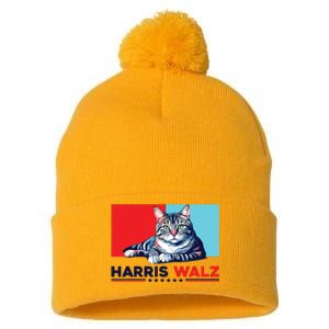 Harris Walz 2024 Funny Cat Election Kamala Harris Pom Pom 12in Knit Beanie