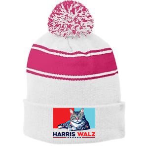 Harris Walz 2024 Funny Cat Election Kamala Harris Stripe Pom Pom Beanie