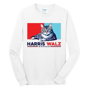 Harris Walz 2024 Funny Cat Election Kamala Harris Tall Long Sleeve T-Shirt