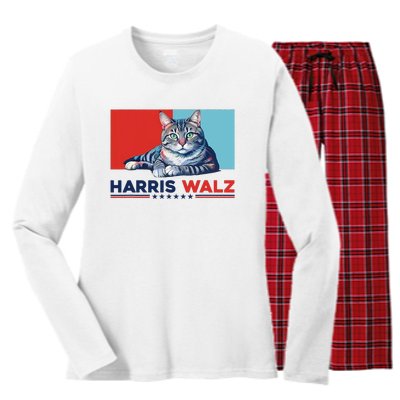 Harris Walz 2024 Funny Cat Election Kamala Harris Women's Long Sleeve Flannel Pajama Set 