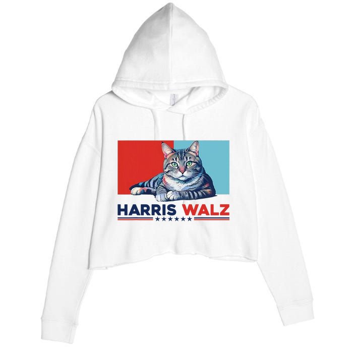 Harris Walz 2024 Funny Cat Election Kamala Harris Crop Fleece Hoodie