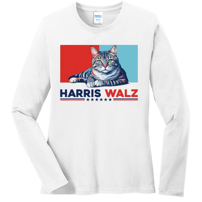 Harris Walz 2024 Funny Cat Election Kamala Harris Ladies Long Sleeve Shirt