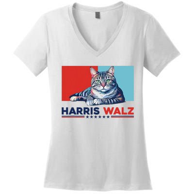 Harris Walz 2024 Funny Cat Election Kamala Harris Women's V-Neck T-Shirt