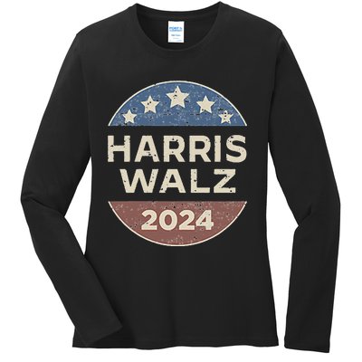 Harris Walz 2024 Waltz Retro Button Election Pocket Ladies Long Sleeve Shirt