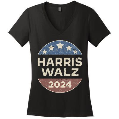 Harris Walz 2024 Waltz Retro Button Election Pocket Women's V-Neck T-Shirt