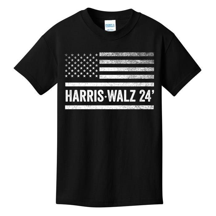 Harris Walz 2024 Election Kamala Tim Waltz American Flag Kids T-Shirt