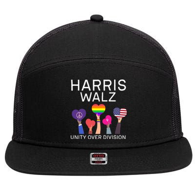 Harris Walz 2024 Unity Over Division Harris Walz 2024 7 Panel Mesh Trucker Snapback Hat