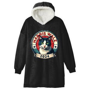 Harris Walz 2024 Funny Cat Election Kamala Harris Tim Waltz Hooded Wearable Blanket