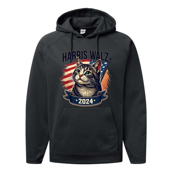 Harris Walz 2024 Funny Cat Kamala Harris Tim Walz Waltz Performance Fleece Hoodie