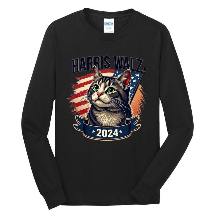 Harris Walz 2024 Funny Cat Kamala Harris Tim Walz Waltz Tall Long Sleeve T-Shirt