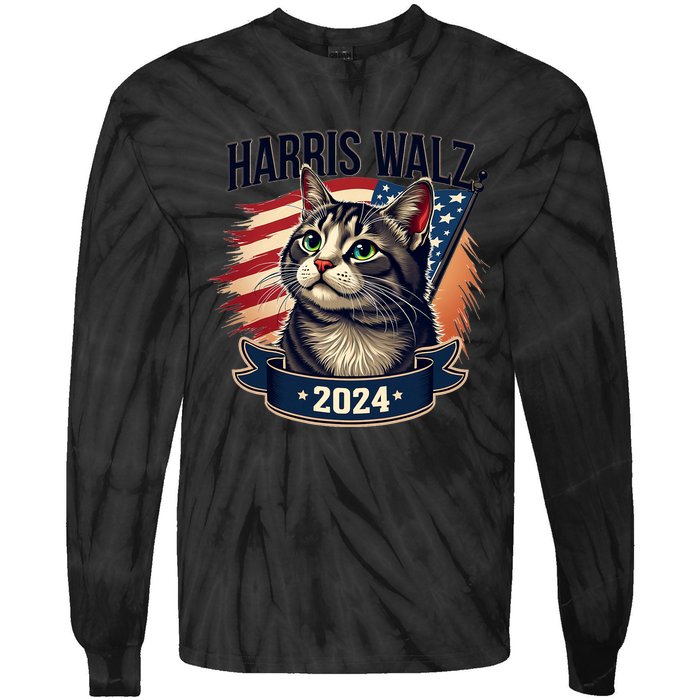 Harris Walz 2024 Funny Cat Kamala Harris Tim Walz Waltz Tie-Dye Long Sleeve Shirt