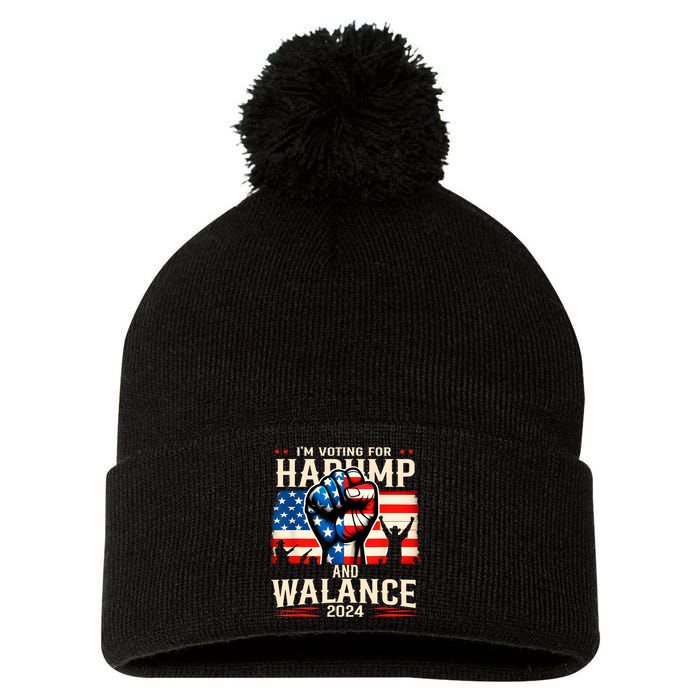 Harump Wallace 2024 Harris Trump Walz Vance America Flag Design Pom Pom 12in Knit Beanie