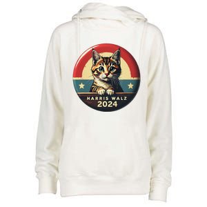 Harris Walz 2024 Funny Cat Election Kamala Harris Tim Waltz Womens Funnel Neck Pullover Hood